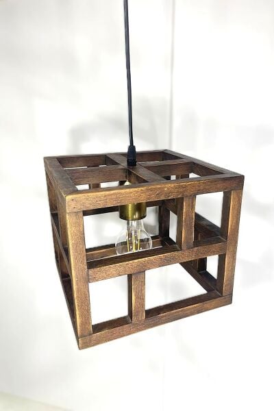 Küp Ahşap Sarkıt Avize | Masif Ahşap Geometrik Tekli Avize 23×20 cm – E27