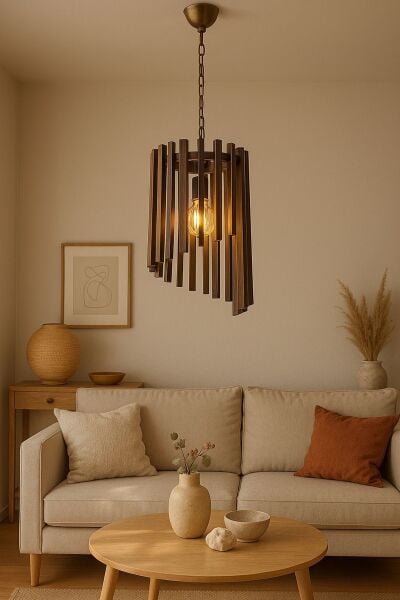 Silindir Ahşap Sarkıt Avize | Masif Ahşap Dikey Çubuk Tasarım 70×25 cm – E27 Endüstriyel Avize