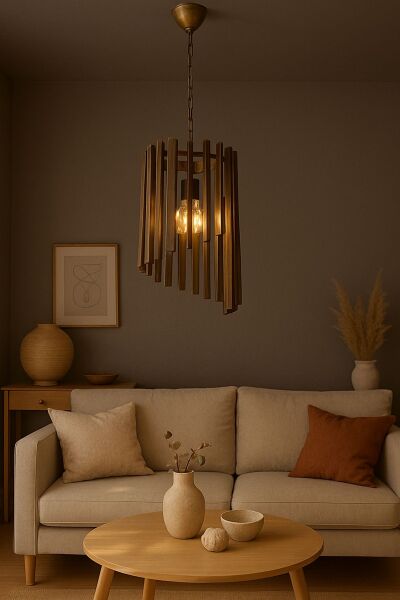 Silindir Ahşap Sarkıt Avize | Masif Ahşap Dikey Çubuk Tasarım 70×25 cm – E27 Endüstriyel Avize