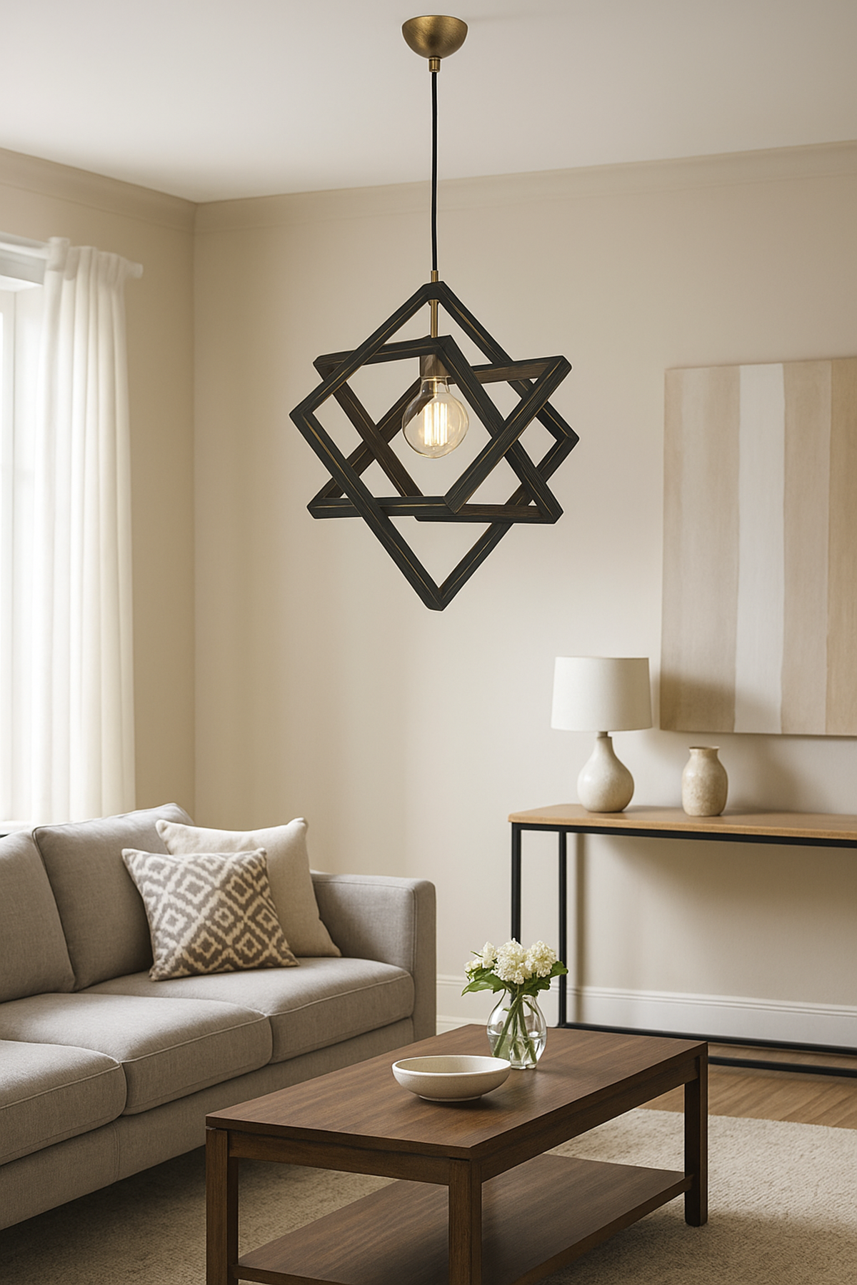 Geometrik Ahşap Sarkıt Avize | İç İçe Kare Tasarım 40×40 cm – E27 Endüstriyel Loft Avize