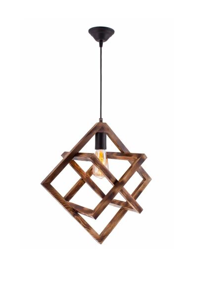 Geometrik Ahşap Sarkıt Avize | İç İçe Kare Tasarım 40×40 cm – E27 Endüstriyel Loft Avize