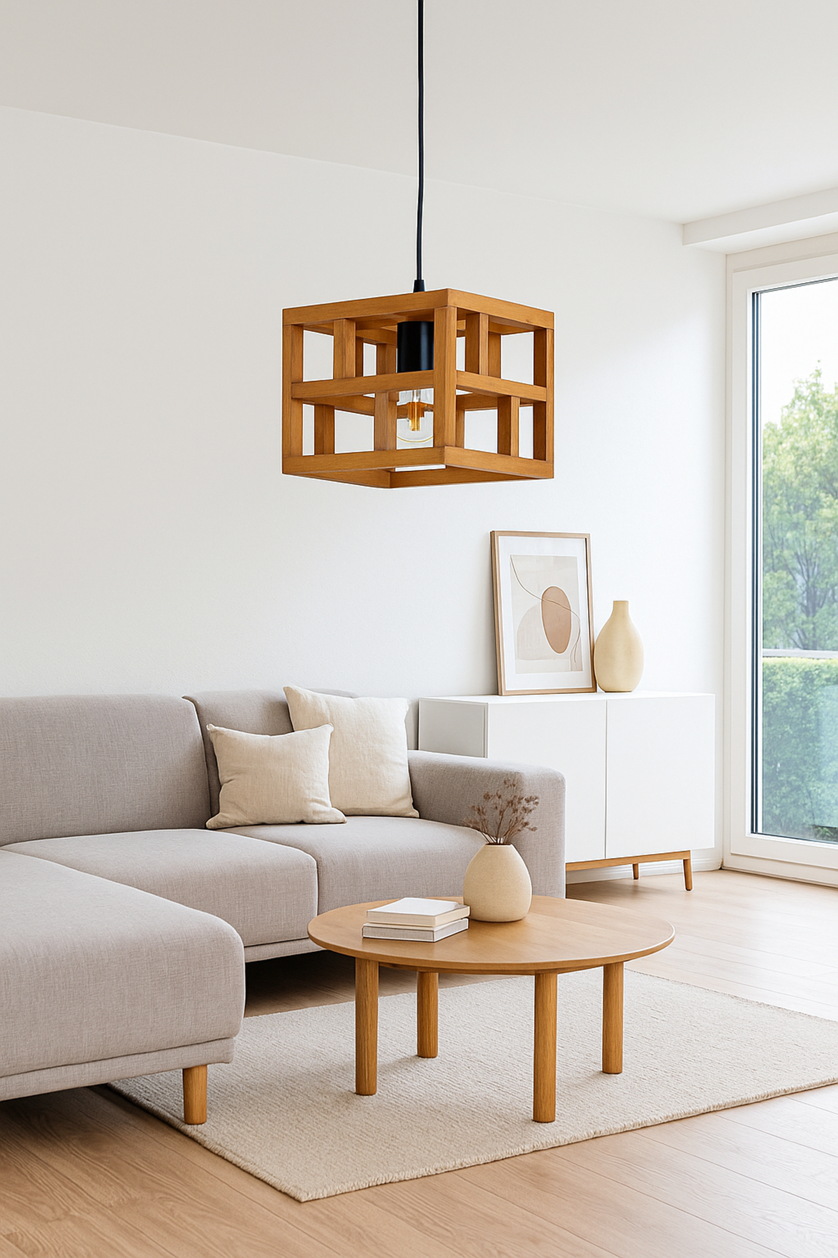 Ahşap Küp Sarkıt Avize 23×20 cm | Geometrik Masif Ahşap E27 Endüstriyel Avize