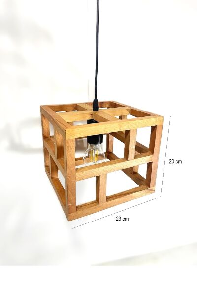 Ahşap Küp Sarkıt Avize 23×20 cm | Geometrik Masif Ahşap E27 Endüstriyel Avize