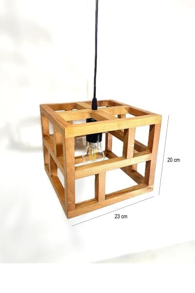 Ahşap Küp Sarkıt Avize 23×20 cm | Geometrik Masif Ahşap E27 Endüstriyel Avize