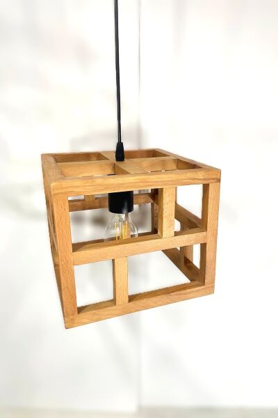 Ahşap Küp Sarkıt Avize 23×20 cm | Geometrik Masif Ahşap E27 Endüstriyel Avize