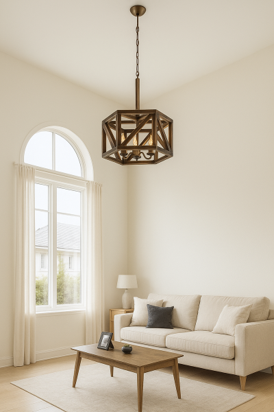 Ahşap Kafes 3’lü Avize 40×20 cm | Zincirli Rustik Endüstriyel Sarkıt Avize