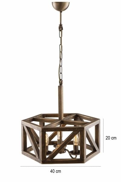 Ahşap Kafes 3’lü Avize 40×20 cm | Zincirli Rustik Endüstriyel Sarkıt Avize