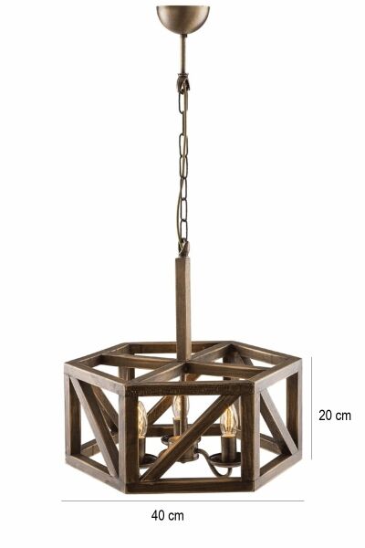 Ahşap Kafes 3’lü Avize 40×20 cm | Zincirli Rustik Endüstriyel Sarkıt Avize