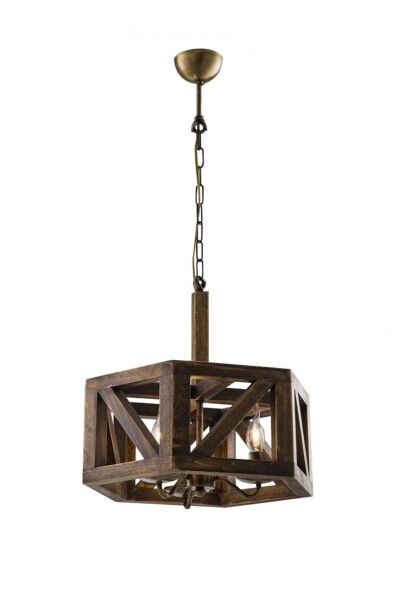 Ahşap Kafes 3’lü Avize 40×20 cm | Zincirli Rustik Endüstriyel Sarkıt Avize