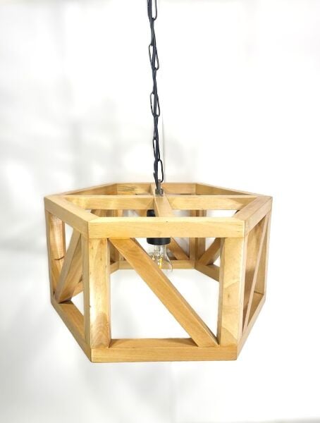 Ahşap Kafes 3’lü Avize 40×20 cm | Zincirli Rustik Endüstriyel Sarkıt Avize