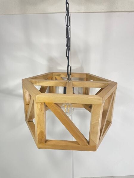 Ahşap Kafes 3’lü Avize 40×20 cm | Zincirli Rustik Endüstriyel Sarkıt Avize