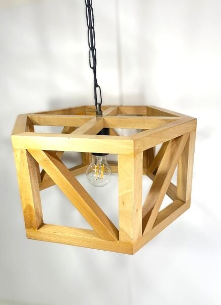 Ahşap Kafes 3’lü Avize 40×20 cm | Zincirli Rustik Endüstriyel Sarkıt Avize