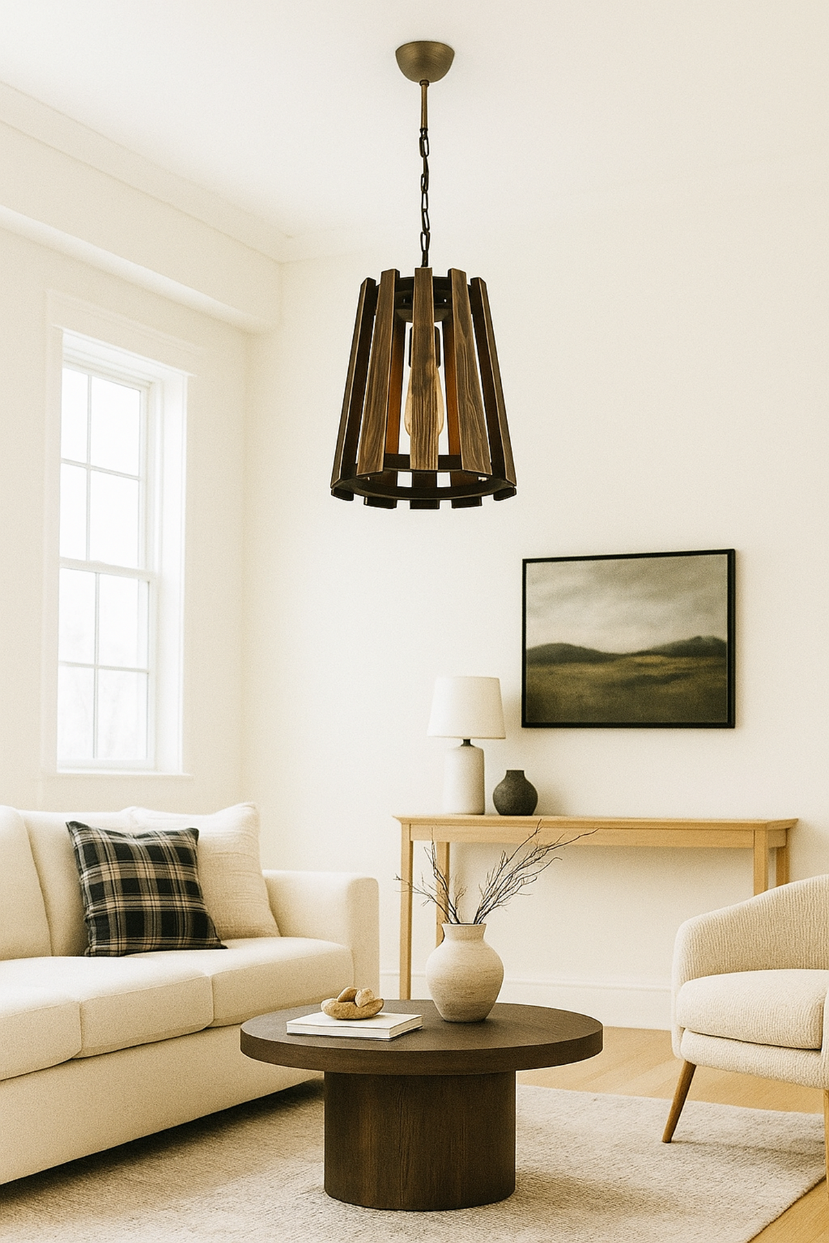 Ahşap Silindir Tekli Sarkıt Avize 34×32 cm | Zincirli Rustik Endüstriyel Avize