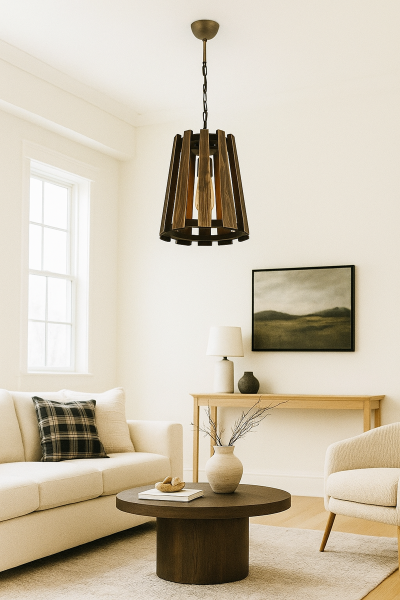 Ahşap Silindir Tekli Sarkıt Avize 34×32 cm | Zincirli Rustik Endüstriyel Avize