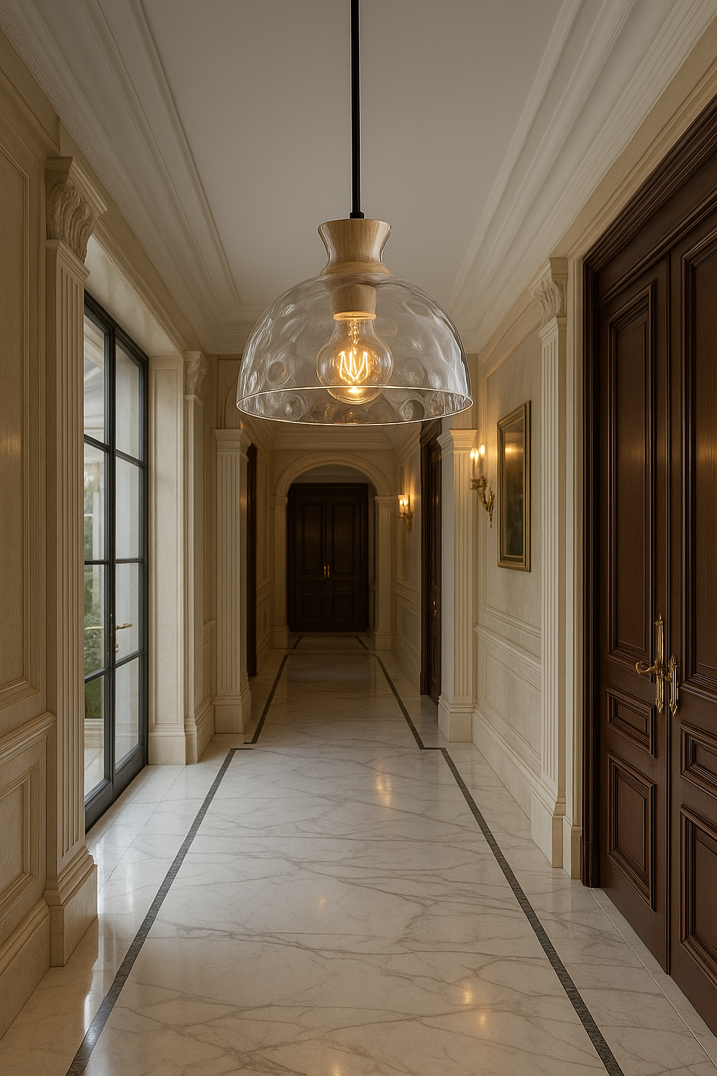 Besa 3335-C Doğal Mermer ve Pirinç Detaylı Lüks Sarkıt – Modern Tasarım Silindir Avize