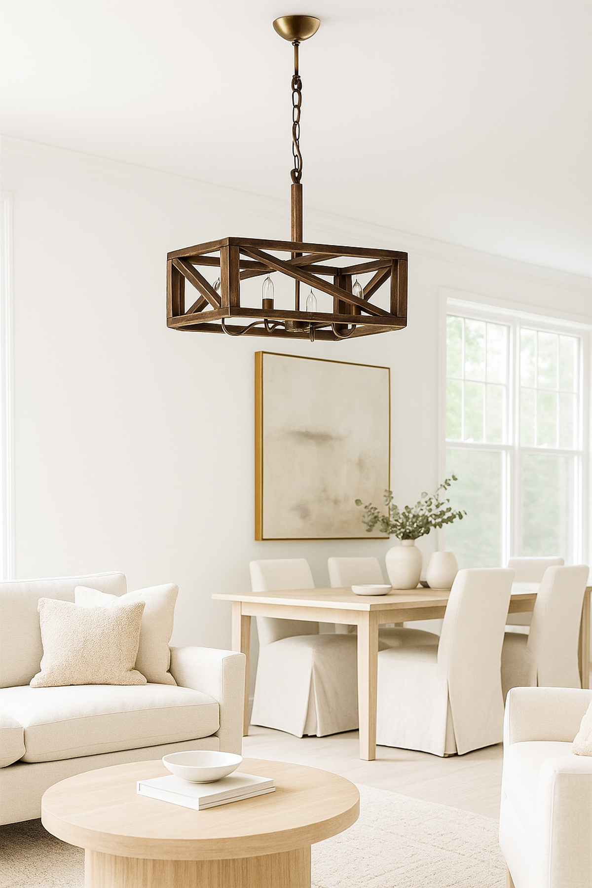 Rustik Ahşap Dikdörtgen Sarkıt Avize 60 cm – El Yapımı Doğal Ahşap Tavan Lambası