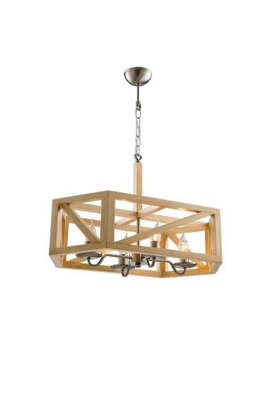 Doğal Ahşap Dikdörtgen Sarkıt Avize 60 cm – Rustik 4’lü Tavan Aydınlatması