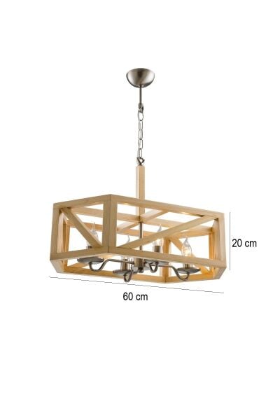 Doğal Ahşap Dikdörtgen Sarkıt Avize 60 cm – Rustik 4’lü Tavan Aydınlatması
