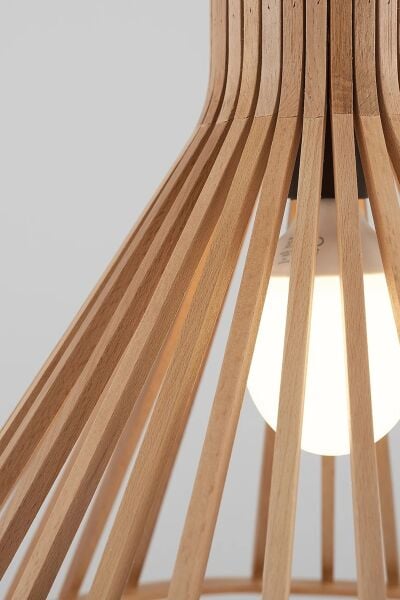 Doğal Ahşap Kafes Sarkıt Avize 52 cm – Modern Rustik Tekli Tavan Aydınlatması