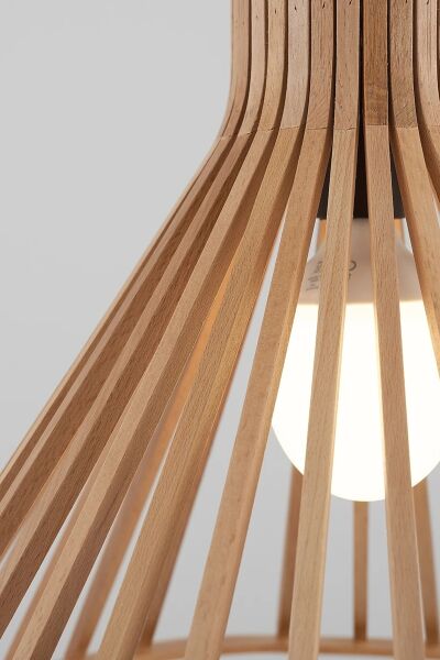 Doğal Ahşap Kafes Sarkıt Avize 52 cm – Modern Rustik Tekli Tavan Aydınlatması