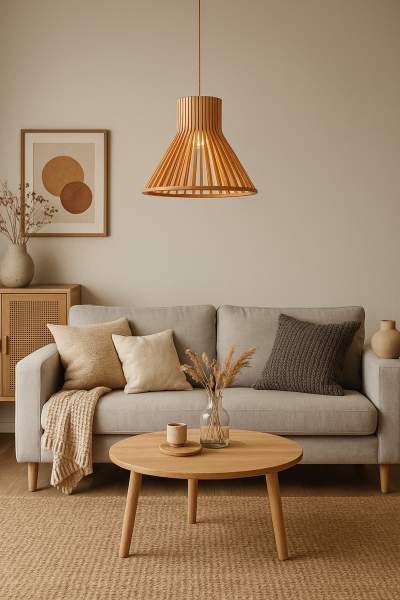 Doğal Ahşap Kafes Sarkıt Avize 52 cm – Modern Rustik Tekli Tavan Aydınlatması