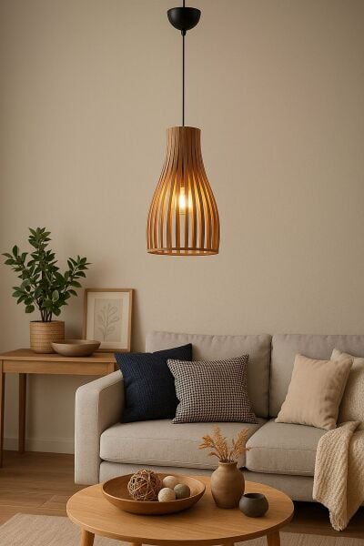 Doğal Ahşap Silindir Sarkıt Avize 40 cm – Modern İskandinav Tekli Tavan Aydınlatması