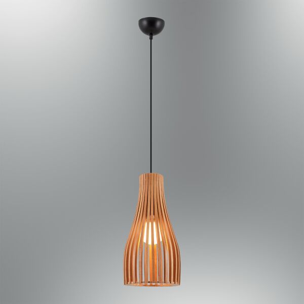 Doğal Ahşap Silindir Sarkıt Avize 40 cm – Modern İskandinav Tekli Tavan Aydınlatması