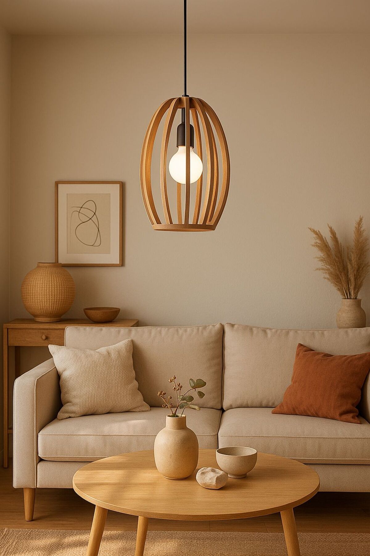 Doğal Ahşap Oval Sarkıt Avize 35 cm – Modern Tekli Tavan Aydınlatması E27