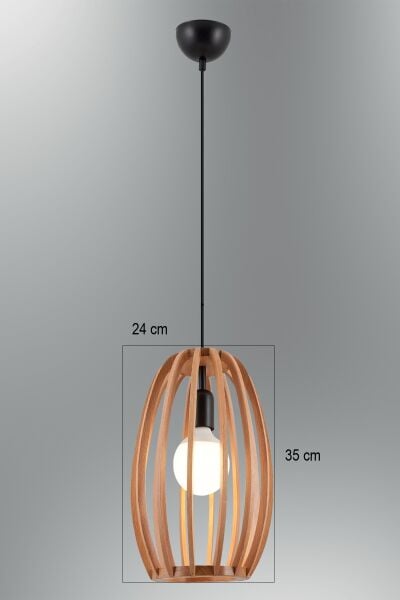 Doğal Ahşap Oval Sarkıt Avize 35 cm – Modern Tekli Tavan Aydınlatması E27