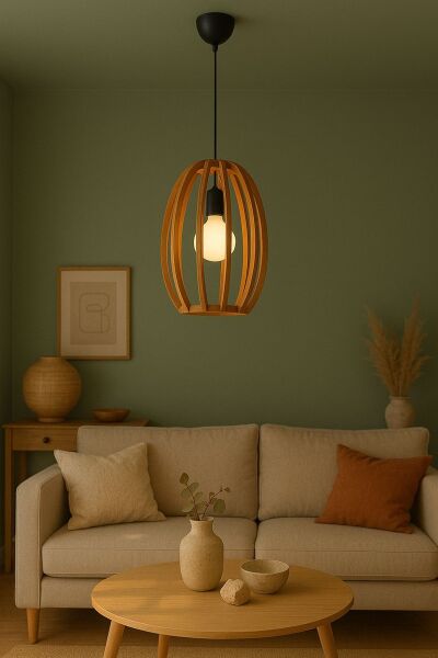 Doğal Ahşap Oval Sarkıt Avize 35 cm – Modern Tekli Tavan Aydınlatması E27