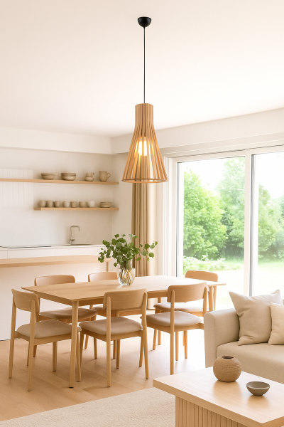 Doğal Ahşap Konik Sarkıt Avize 40 cm – Modern Tekli E27 Tavan Lambası