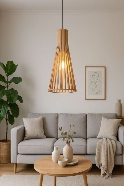 Doğal Ahşap Konik Sarkıt Avize 40 cm – Modern Tekli E27 Tavan Lambası