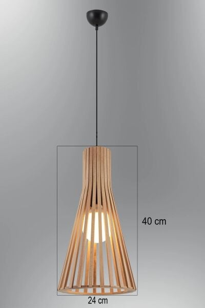 Doğal Ahşap Konik Sarkıt Avize 40 cm – Modern Tekli E27 Tavan Lambası