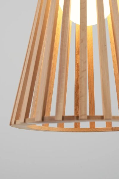 Doğal Ahşap Konik Sarkıt Avize 40 cm – Modern Tekli E27 Tavan Lambası
