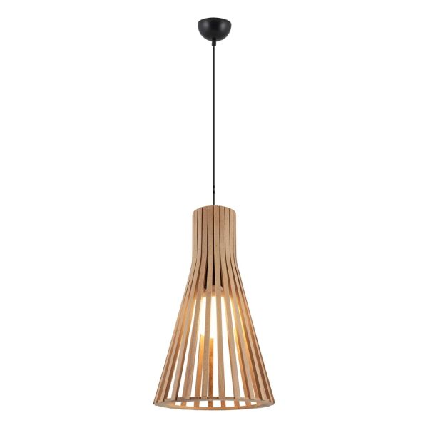 Doğal Ahşap Konik Sarkıt Avize 40 cm – Modern Tekli E27 Tavan Lambası