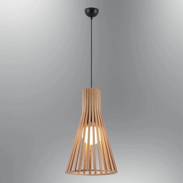 Doğal Ahşap Konik Sarkıt Avize 40 cm – Modern Tekli E27 Tavan Lambası