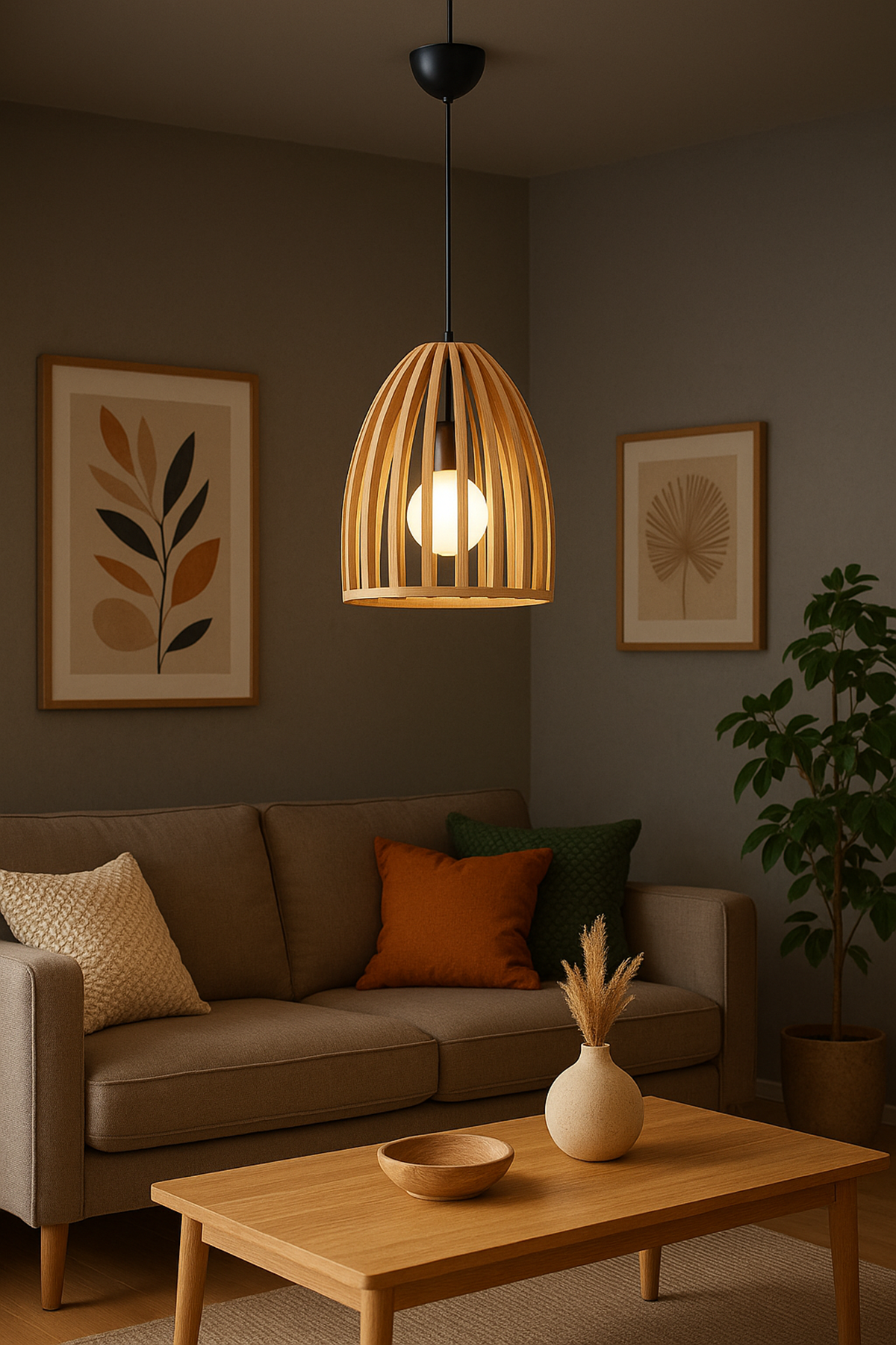 Doğal Ahşap Oval Sarkıt Avize 25 cm – Modern Tekli E27 Tavan Lambası