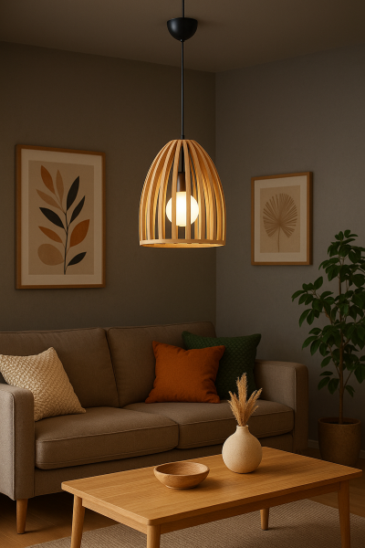 Doğal Ahşap Oval Sarkıt Avize 25 cm – Modern Tekli E27 Tavan Lambası