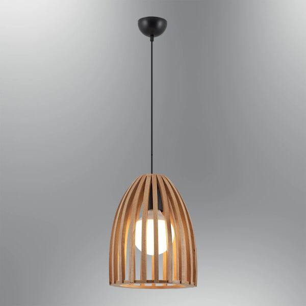 Doğal Ahşap Oval Sarkıt Avize 25 cm – Modern Tekli E27 Tavan Lambası