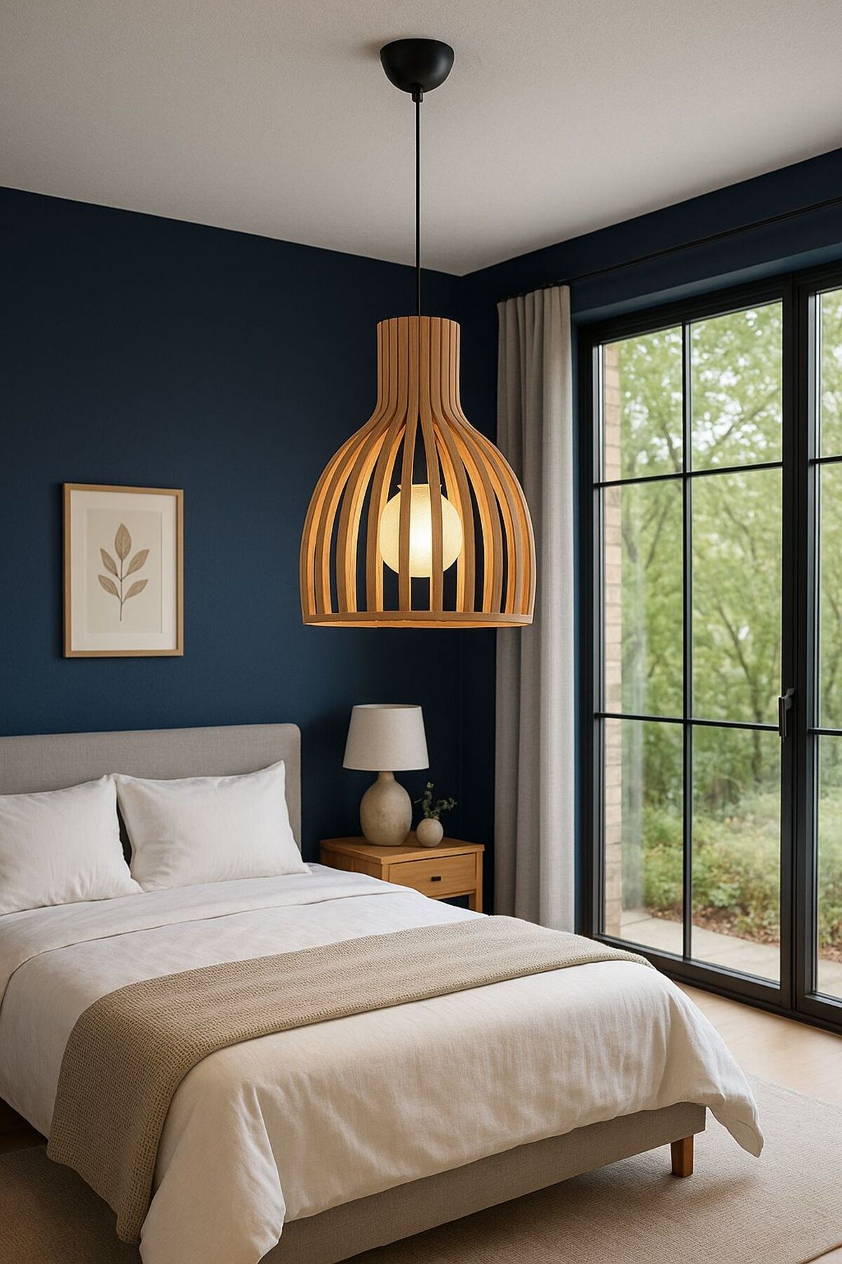 Doğal Ahşap Modern Sarkıt Avize 35 cm – Oval Tasarım Tekli E27 Tavan Lambası