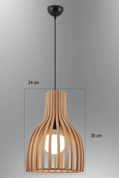 Doğal Ahşap Modern Sarkıt Avize 35 cm – Oval Tasarım Tekli E27 Tavan Lambası