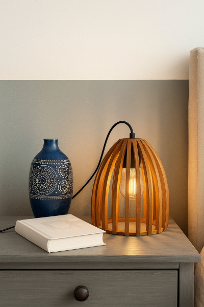 Ahşap Masa Lambası 25 cm – Modern Rustik Tasarım E27 Dekoratif Abajur