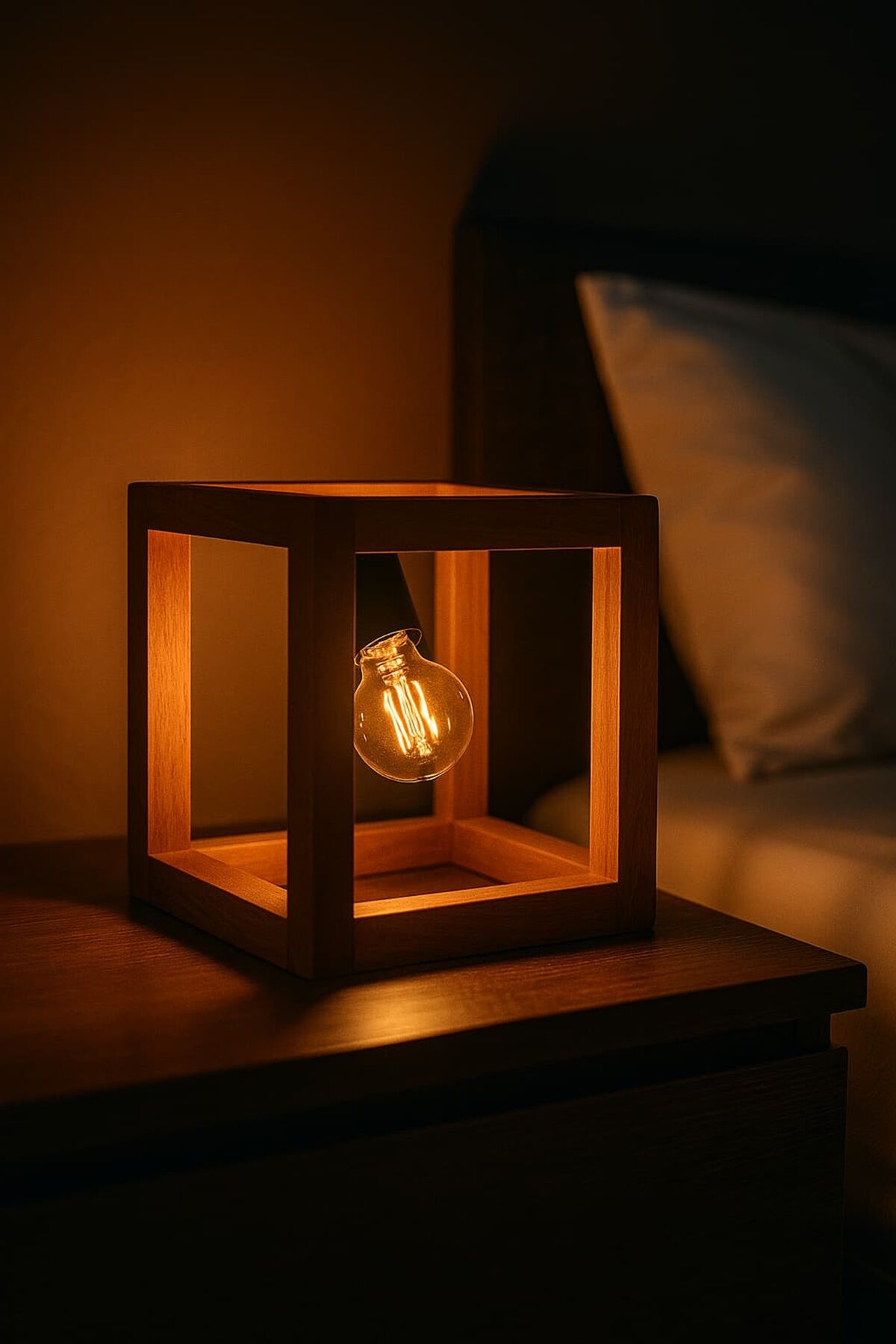 Ahşap Küp Masa Lambası 18 cm – Modern Minimal Dekoratif E27 Abajur