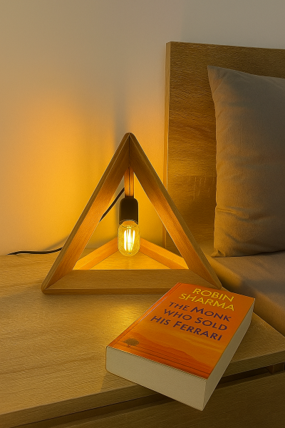 Üçgen Ahşap Masa Lambası 31 cm – Modern Minimal Dekoratif E27 Abajur