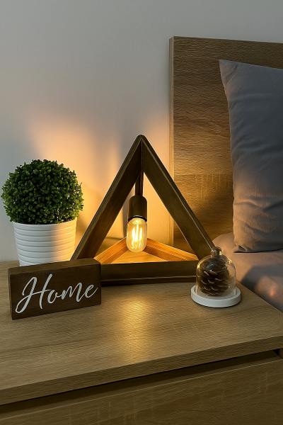 Üçgen Ahşap Masa Lambası 31 cm – Koyu Ceviz Ton Geometrik Dekoratif Lamba (E27)