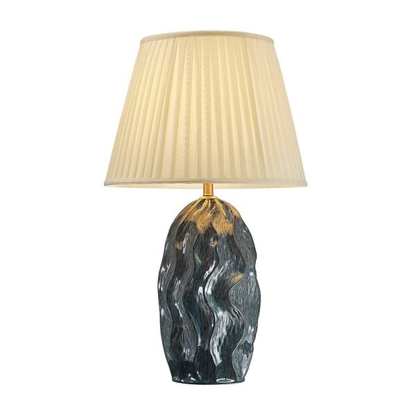 Dokulu Seramik Gövdeli Krem Kumaş Şapkalı Masa Lambası | Modern Dekoratif Abajur