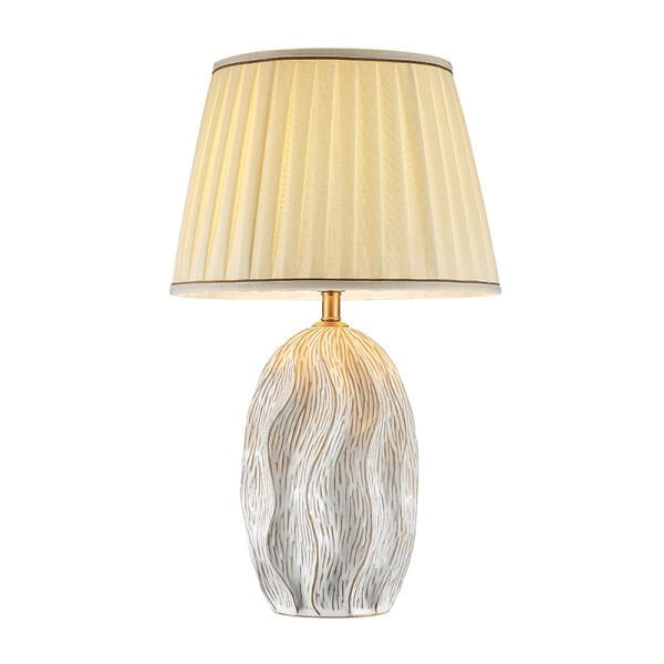 Dokulu Seramik Gövdeli Krem Kumaş Şapkalı Masa Lambası | Modern Dekoratif Abajur