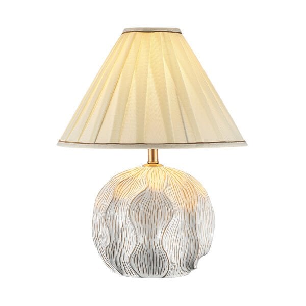 Yuvarlak Dokulu Seramik Gövdeli Krem Kumaş Şapkalı Masa Lambası | Modern Dekoratif Abajur