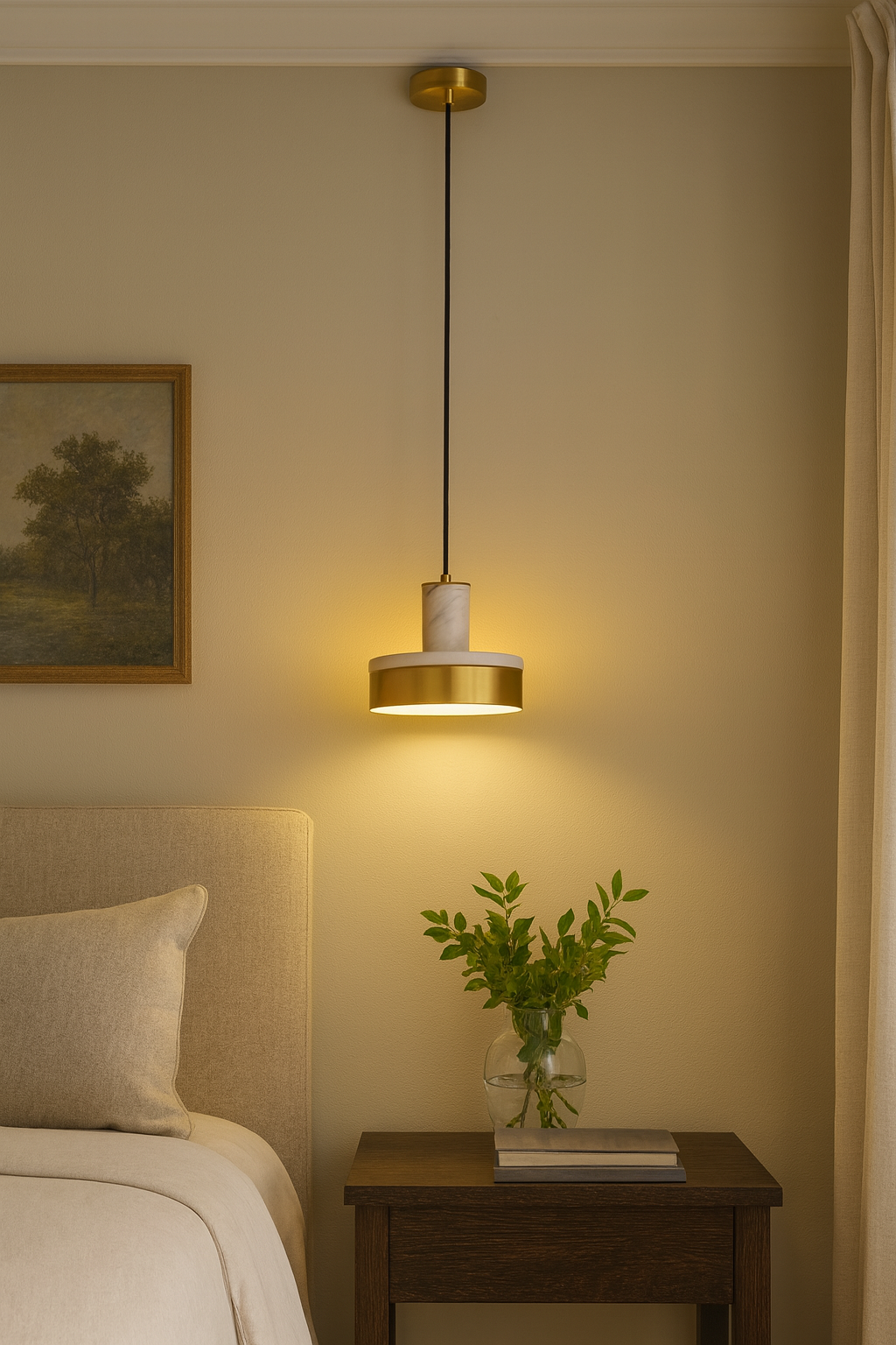 3286 Doğal Mermer ve Pirinç Uzun Silindir LED Sarkıt – Modern Dikey Tasarım Mutfak ve Salon Avizesi