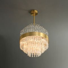 Pirinç Kaplama Desenli Kristal Avize 60 cm – Salon ve Yemek Odası